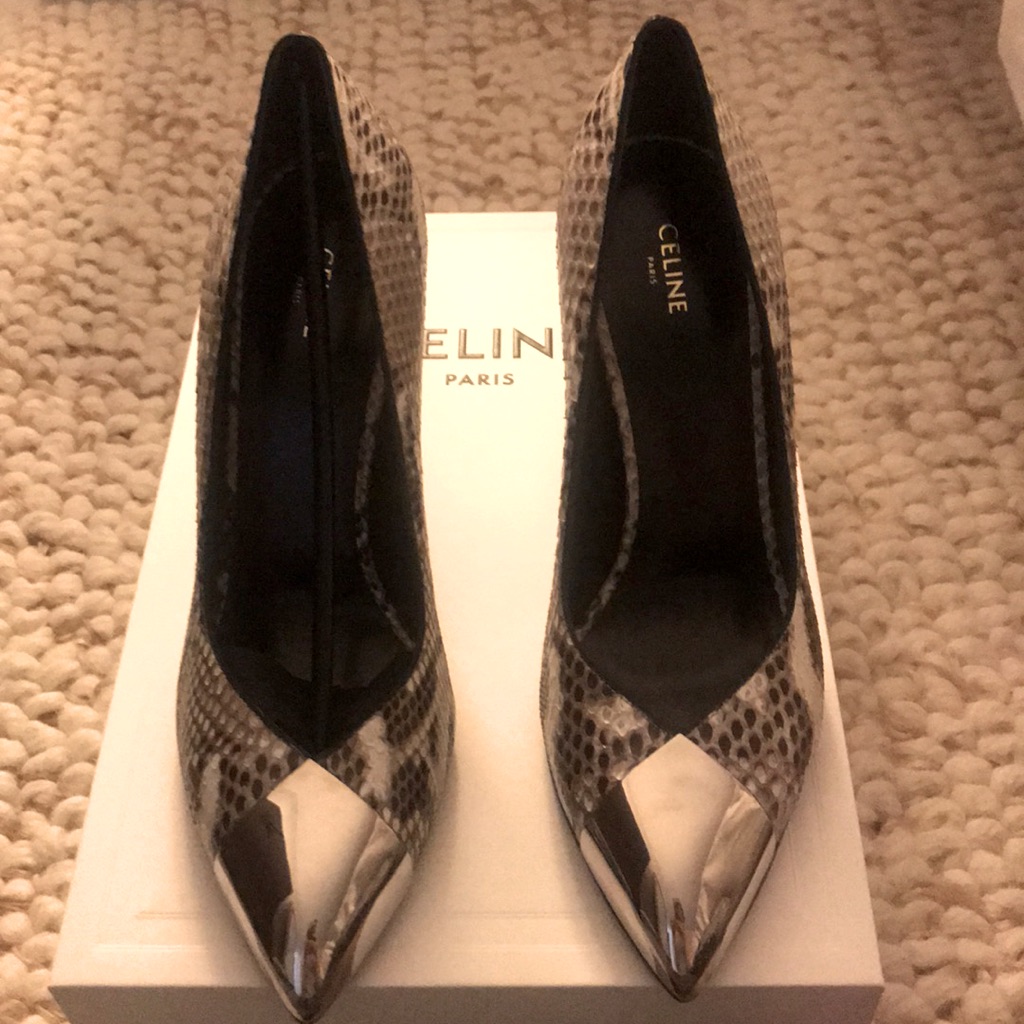 Celine Triangle Heel Metallic Toe Python Pump